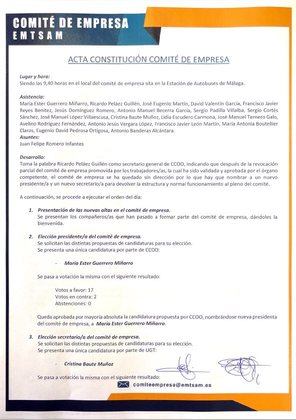 Acta Constitución Comité De Empresa – Sitemt – Sindicato Independiente